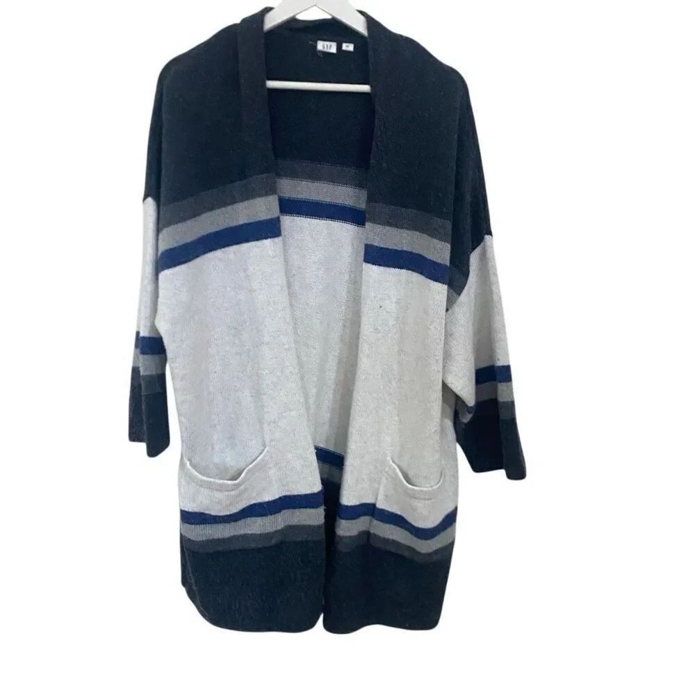 Gap size medium/large, long length cardigan, alpaca blend blue cream color block